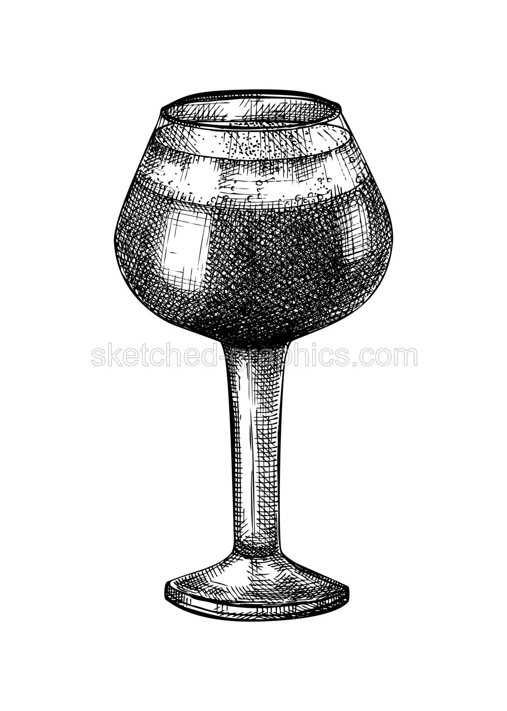 Sketched dark beer glass illustration. Vector sketch of the popular alcoholic drink bowl isolated on white background.  Vintage drawing of beer with foam for pub, bar, or restaurant menu design. Illustration